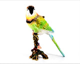 Parakeet On Branch Trinket Box. Colorful Enamel Austrian Crystals