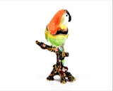 Parakeet On Branch Trinket Box. Colorful Enamel Austrian Crystals