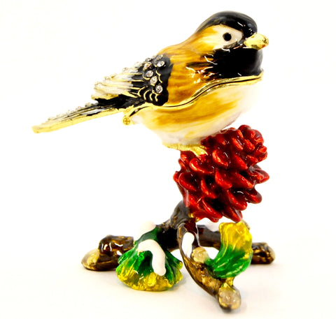 Sparrow on Branch Trinket Box with Colorful Enamel & Austrian Crystals