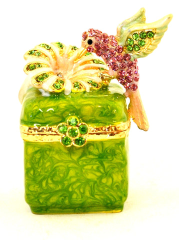 Hummingbird on Trinket Box. Hand Painted Enamel with Austrian Crystals