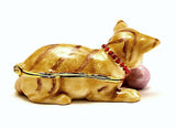 Funny Cat Playing Ball Trinket Box Brown Enamel with Austrian Crystals
