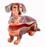 Dachshund Trinket Box Hand Painted Brown Black Enamel & Austrian Crystals