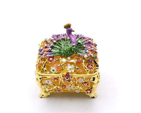 Decorative Peacock & Flower Design Trinket Box Made with Austrian Crystals