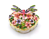 Jeweled Dragonfly on Heart Shape Floral Trinket Box. Colorful Enamel & Hand Set Austrian Crystals