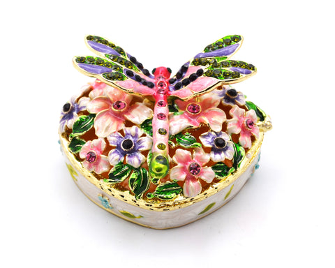 Jeweled Dragonfly on Heart Shape Floral Trinket Box. Colorful Enamel & Hand Set Austrian Crystals