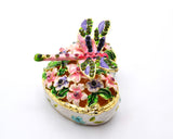 Jeweled Dragonfly on Heart Shape Floral Trinket Box. Colorful Enamel & Hand Set Austrian Crystals