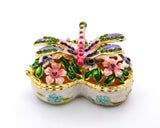 Jeweled Dragonfly on Heart Shape Floral Trinket Box. Colorful Enamel & Hand Set Austrian Crystals