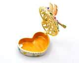 Jeweled Dragonfly on Heart Shape Floral Trinket Box. Colorful Enamel & Hand Set Austrian Crystals