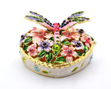 Jeweled Dragonfly on Heart Shape Floral Trinket Box. Colorful Enamel & Hand Set Austrian Crystals