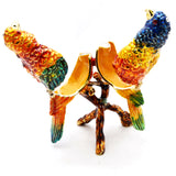 Bejeweled Lovebirds on Branch Trinket Box. Hand Painted Enamel & Austrian Crystals