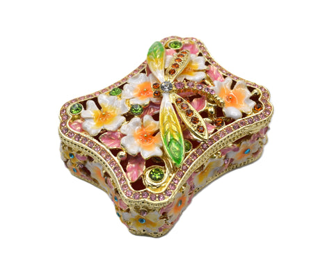 Floral Dragonfly Trinket Box. Very Detailed made with Austrian Crystals & Enamel