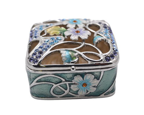 Floral Trinket Box Square Shape. Hand Crafted with Beautiful Floral Design with Austrian Crystals & Enamel