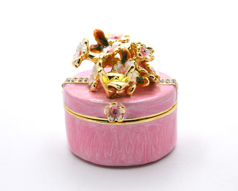 Round Shape Floral Trinket Box. Hand Detailed with Austrian Crystals & Enamel.