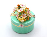 Round Shape Floral Trinket Box. Hand Detailed with Austrian Crystals & Enamel.