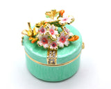 Round Shape Floral Trinket Box. Hand Detailed with Austrian Crystals & Enamel.
