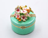 Round Shape Floral Trinket Box. Hand Detailed with Austrian Crystals & Enamel.