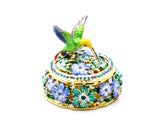 Hummingbird on Round Floral Trinket Box. Hand Painted Colorful Enamel with Austrian Crystals