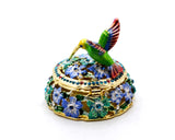 Hummingbird on Round Floral Trinket Box. Hand Painted Colorful Enamel with Austrian Crystals
