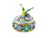 Hummingbird on Round Floral Trinket Box. Hand Painted Colorful Enamel with Austrian Crystals