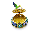 Hummingbird on Round Floral Trinket Box. Hand Painted Colorful Enamel with Austrian Crystals