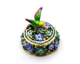 Hummingbird on Round Floral Trinket Box. Hand Painted Colorful Enamel with Austrian Crystals