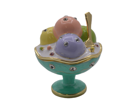 Bejeweled Ice Cream Cup Trinket Box. Hand Detailed with Austrian Crystals & Blue Enamel