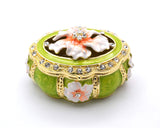 Decorative Oval Floral Trinket Box. Hand Painted Enamel with Austrian Crystals.