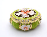 Decorative Oval Floral Trinket Box. Hand Painted Enamel with Austrian Crystals.