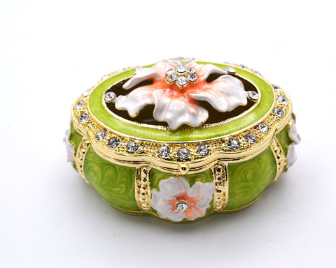 Decorative Oval Floral Trinket Box. Hand Painted Enamel with Austrian Crystals.