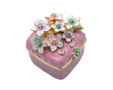Bejeweled Cherry Blossom Flower Trinket Box. Square Shape Handmade with Austrian Crystals & Enamel