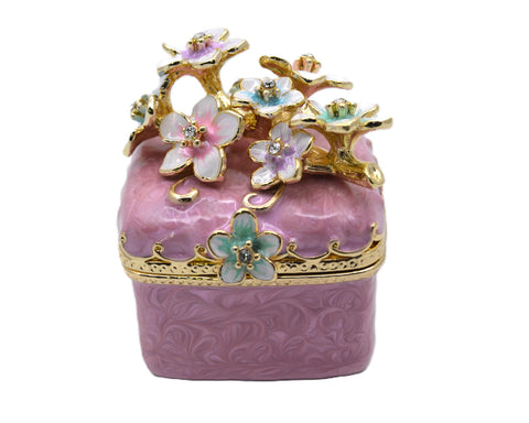 Bejeweled Cherry Blossom Flower Trinket Box. Square Shape Handmade with Austrian Crystals & Enamel