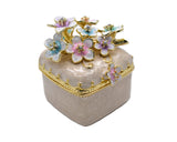 Bejeweled Cherry Blossom Flower Trinket Box. Square Shape Handmade with Austrian Crystals & Enamel
