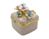 Bejeweled Cherry Blossom Flower Trinket Box. Square Shape Handmade with Austrian Crystals & Enamel