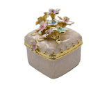 Bejeweled Cherry Blossom Flower Trinket Box. Square Shape Handmade with Austrian Crystals & Enamel