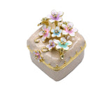 Bejeweled Cherry Blossom Flower Trinket Box. Square Shape Handmade with Austrian Crystals & Enamel