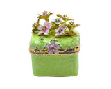 Bejeweled Cherry Blossom Flower Trinket Box. Square Shape Handmade with Austrian Crystals & Enamel