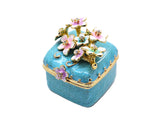 Bejeweled Cherry Blossom Flower Trinket Box. Square Shape Handmade with Austrian Crystals & Enamel