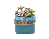 Bejeweled Cherry Blossom Flower Trinket Box. Square Shape Handmade with Austrian Crystals & Enamel