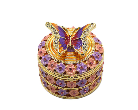 Butterfly on Round Floral Trinket Box. Hand Crafted with Enamel & Austrian Crystals