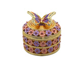 Butterfly on Round Floral Trinket Box. Hand Crafted with Enamel & Austrian Crystals