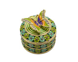 Butterfly on Round Floral Trinket Box. Hand Crafted with Enamel & Austrian Crystals