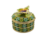 Butterfly on Round Floral Trinket Box. Hand Crafted with Enamel & Austrian Crystals