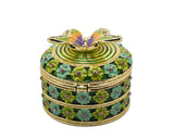 Butterfly on Round Floral Trinket Box. Hand Crafted with Enamel & Austrian Crystals