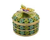 Butterfly on Round Floral Trinket Box. Hand Crafted with Enamel & Austrian Crystals