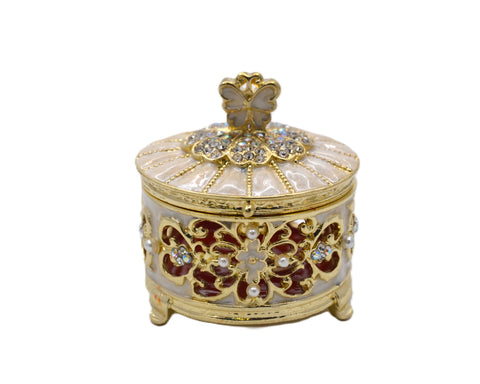 Round Shape Decorative Trinket Box with Butterfly. Hand Set Austrian Crystals & Enamel