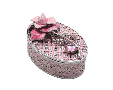 Big Oval Shape Trinket Box with Rose Flower. Beautifully Made by Hand with Austrian Crystals & Enamel