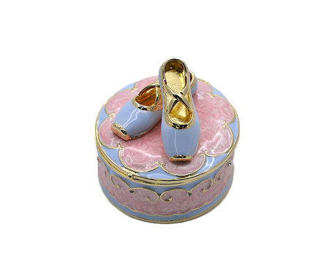 Jeweled Ballerina Shoes on Round Box. Hand Painted Enamel & Austrian Crystals