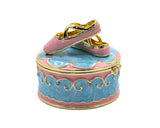 Jeweled Ballerina Shoes on Round Box. Hand Painted Enamel & Austrian Crystals