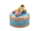 Jeweled Ballerina Shoes on Round Box. Hand Painted Enamel & Austrian Crystals