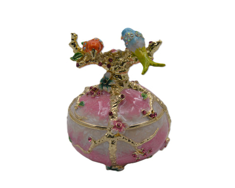 Two Bird on Branch with Floral Trinket Box. Hand Painted Enamel & Austrian Crystals